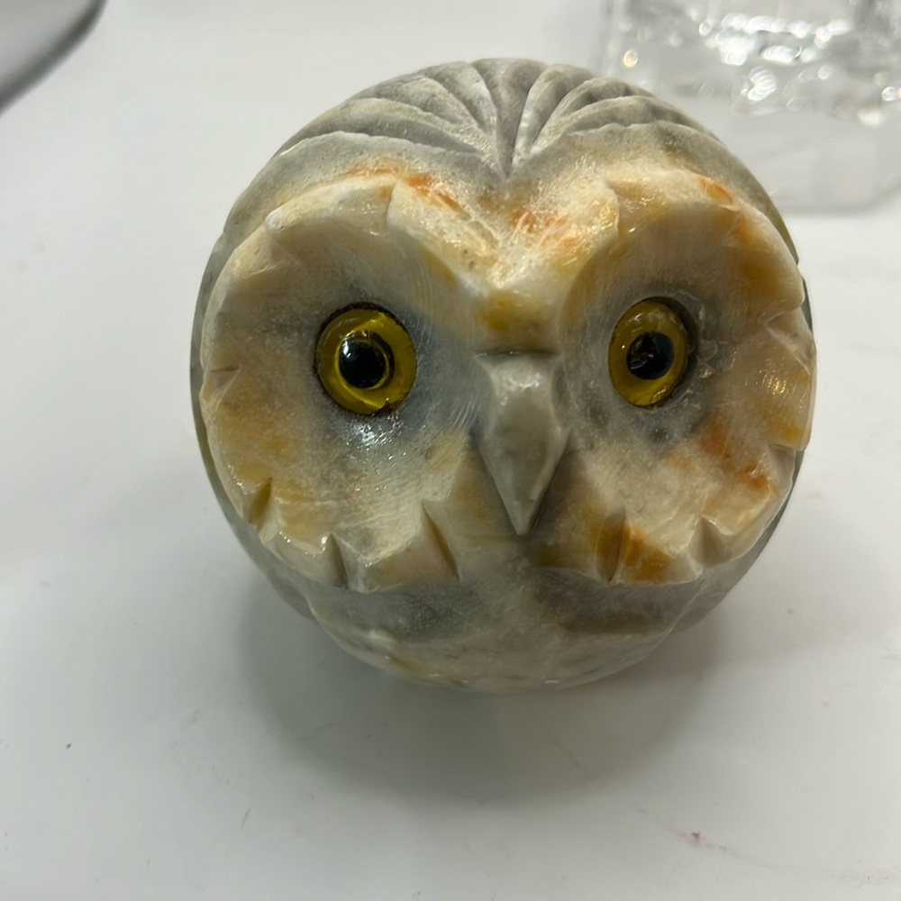 Alabaster Owl Paperweight Vintage Big Eyes Made in Italy Stone Owl.